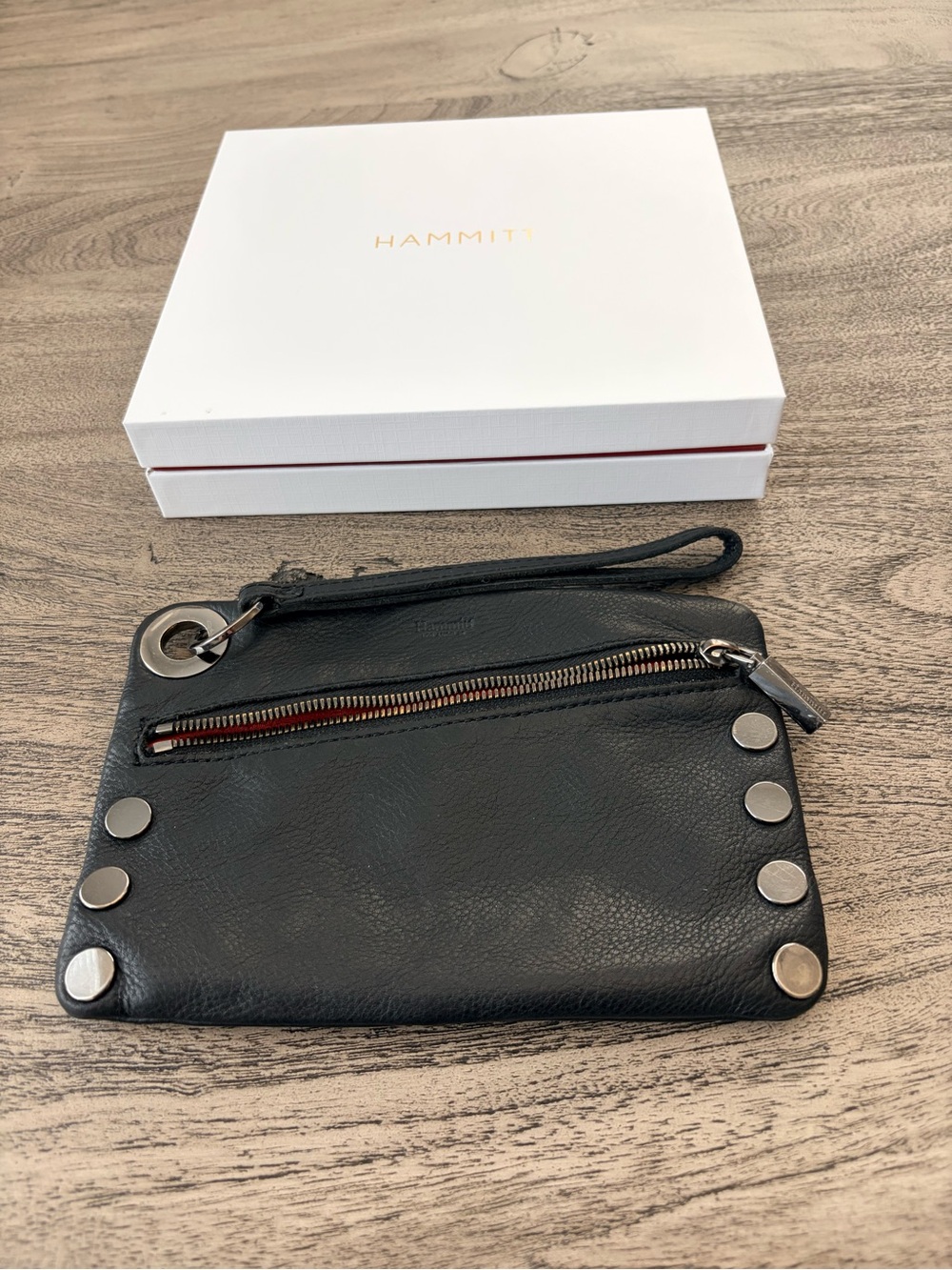 Original Hammitt Nash Small Black/Gunmetal Leather Crossbody Wristlet Front Zip